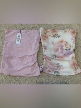 Garage Rosalie Ruched Tube Top Lot, Pink Floral and Pink Strapless, Size XXS